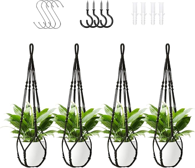 LEWESU Macrame Plant Hanger Indoor Set of 4 with 8 Hooks, Indoor Outdoor Hanging Planter for Plants Holder with Decorative Wood Beads & No Tassels, Boho Home Decor, 35 Inch Black (Pots Not Included)