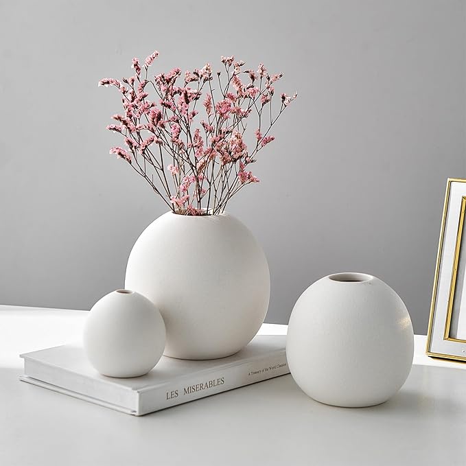 Ceramic Vase Set of 3 for Modern Home Decor, Boho Vase White Round Vase Minimalist Decorative Vase for Table Centerpiece Wedding Dining Living Room Office Entryway Coffee Table Decor