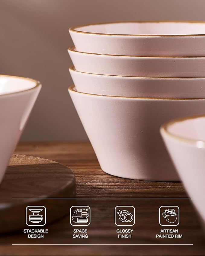 Famiware Saturn Stoneware Dinnerware Sets for 8 (24 Pieces), Ceramic Plates and Bowls Dish Sets with Hand-Painted Trim - Chip & Scratch Resistant, Microwave & Dishwasher Safe Tableware, Light Pink