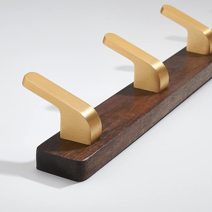 Wall Mounted Coat Rack, Entryway Hanging Coat Rack, Metal Wood Coat Rail with 3 Rustic Hooks Rail for Coat, Scarf, Bag, Towel, Key, Cap, Hat, Walnut Gold Matt