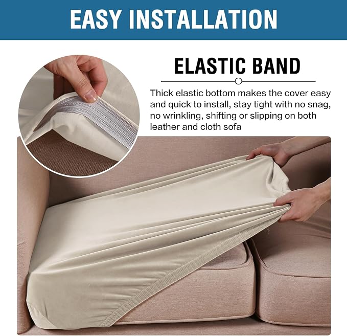 H.VERSAILTEX Velvet Stretch Couch Cushion Cover Plush Cushion Slipcover for Chair Loveseat Sofa Cushion Furniture Protector Seat Cushion Sofa Cover (3 Piece Sofa Cushion Covers, Ivory)
