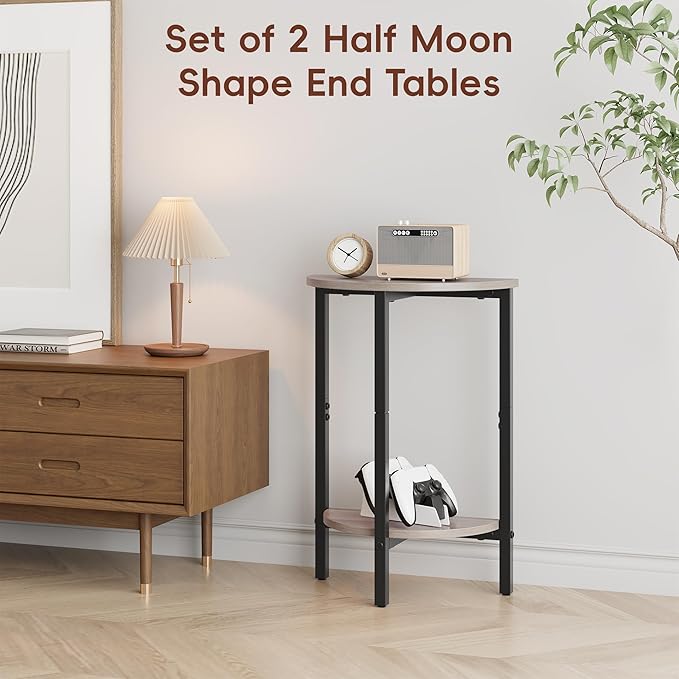Vagusicc Side Tables Small End Tables, Set of 2 Half Round Side Table for Living Room, 2 Tier Couch Side Table, Small Round Coffee Table Accent Table, Thin Sofa Table Narrow Entryway Table, Grey