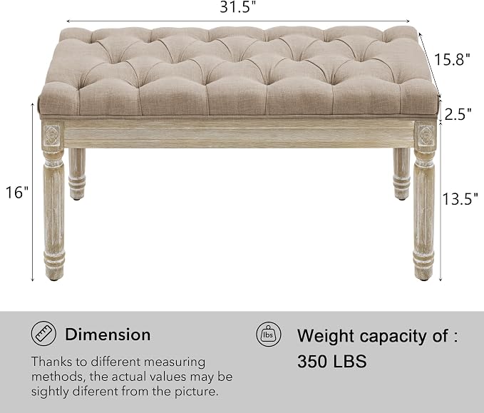 LOULENS French Vintage Bench, Linen Fabric Entryway Bench, Upholstered Tufted End of Bed Bench with Brushed Wood Legs,Light Brown