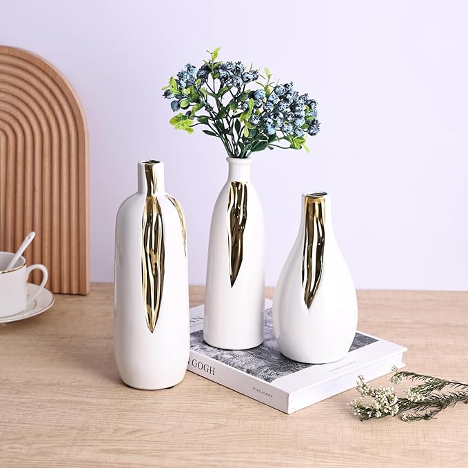 White and Gold Ceramic Vase Set of 3, Ceramic Vase Set for Decorative, White and Gold Single Stem Vases for Centerpieces Nightstand Kitchen, Boho Farmhouse Home Decoration