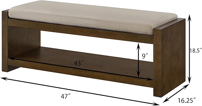 Accent Bench with Lower Shelf Shoe Rack, Padded Seating Bench for Living Room, Modern Compact Bed End Bench with Storage for Bedroom Seating, Removable Cushion (Linen, 47" L)