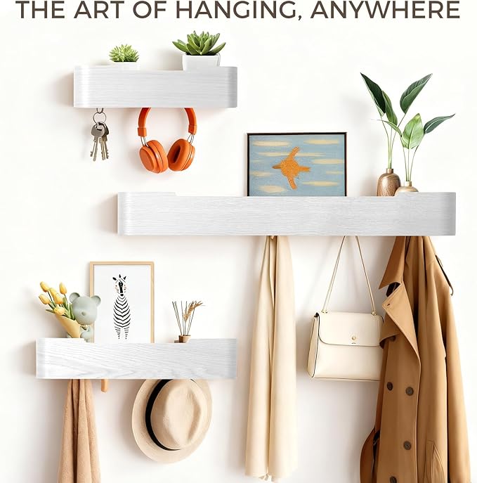 Coat Rack Wall Mount with Shelf Entryway Shelf Modern Key Holder Hanger Wall Shelves with Hidden Hooks for Hanging Towels Coats Hats Bags for Hallway Bathroom Bedroom(White, 8 Hooks)