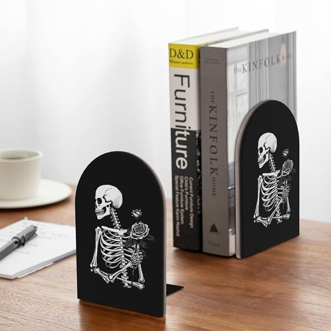 Rock and Roll Rose Skeleton Skull 2 Piece Wood Decorative Bookends 6.7x4.2 in, Book Ends for Home Office Library Shelves Decor Room Kitchen Desktop