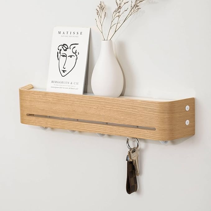 GEMAPOCO® Key Holder Wall Mount with 5 Retractable Hooks, 17-inch Finland-Designed Key Hanger with Shelf, Modern Coat Rack Wall Mount,Minimalist Space-Saving Entryway Furniture - Oak