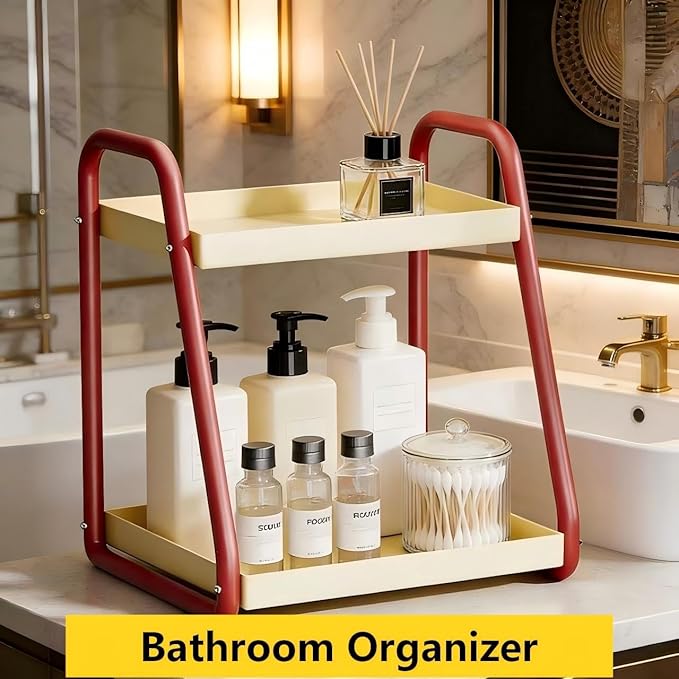 2 Tier Metal Coffee syrup rack Coffee Bar accessories coffee stand countertop Spice Rack Make-up Perfume Organizer for bathroom counter Pantry storage Kitchen tall bottle seasoning shelf Silver11.8”