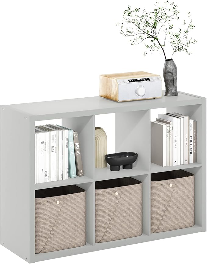 Furinno CUBICLE Book Shelf, 6-Cube Bookshelf, Extra Thick Frame Horizontally & Vertically Reversible Bookcase with Open Back, 14.6" x 44" x 30", for Living Room, Bedroom, Home Office, Light Grey