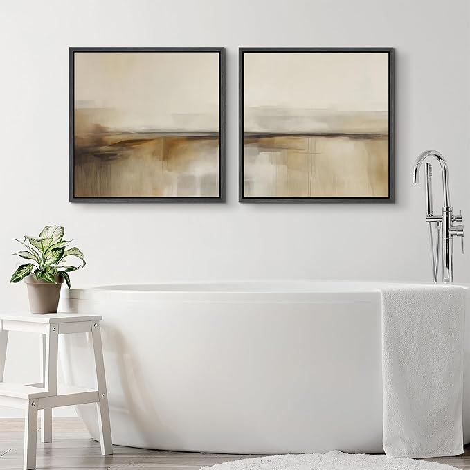 SIGNFORD Framed Canvas Print Wall Art Set Neutral Abstract Horizon Beige and Brown Illustrations Modern Art Minimal Relax/Calm for Living Room, Bedroom, Office - 16"x16"x2 Black