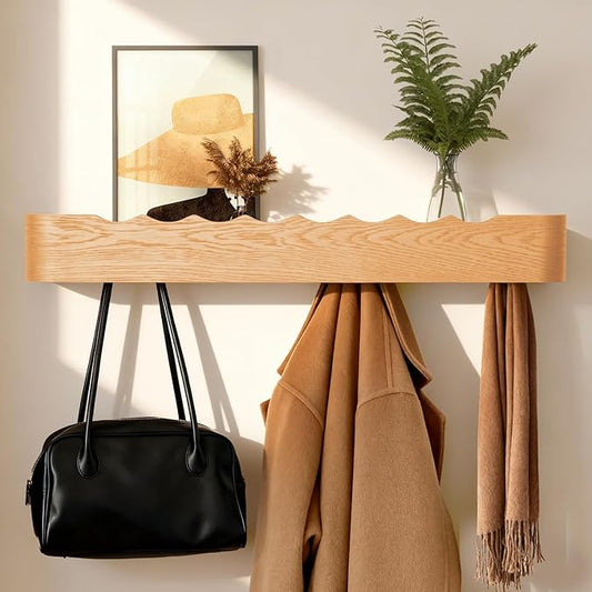 Coat Rack Wall Mount with Shelf Entryway Shelf Modern Key Holder Hanger Wall Shelves with Hidden Hooks for Hanging Towels Coats Hats Bags for Hallway Bathroom Bedroom (Wavy Oak, 8 Hooks)