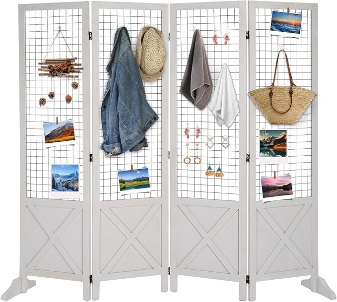VINGLI Room Divider Freestanding Gridwall, 4 Panel Folding Display Board Organizer with Base Feet, Decorative Wooden Frame Wire Grid Screens for Craft Shows Events Retail (White, 5.5'×6')