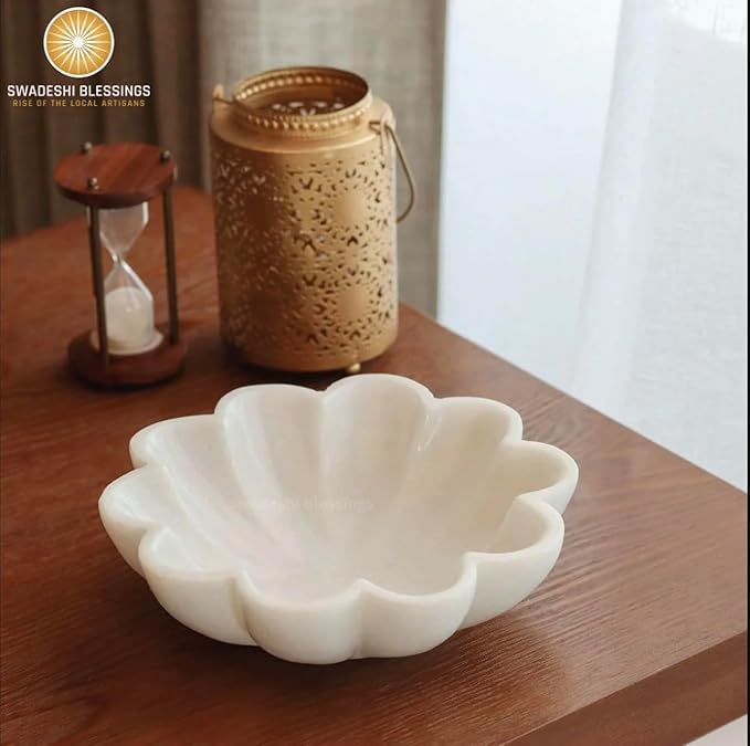 SWADESHI BLESSINGS HandCrafted Marble Decorative Bowl | White Ruffle Scalloped Fluted Key/Fruit Ring Dish | Organic Modern Home Decor (6 Inches)