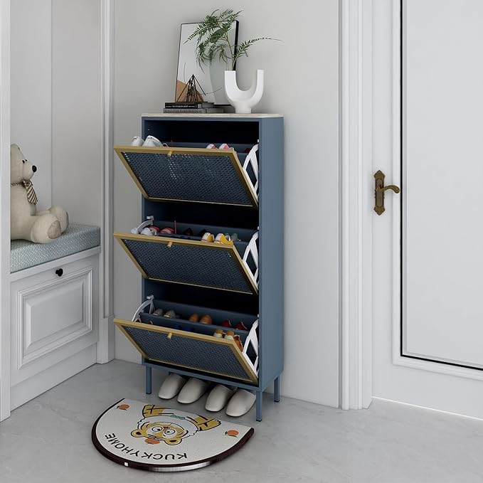 Shoe Storage Cabinet for Entryway - Shoe Cabinet Organizer with Metal Rattan 3 Flip Drawer,Wood Free Standing Rack, Hidden Slim Shoe Cabinet for Hallway, Living Room, Bathroom (Blue)