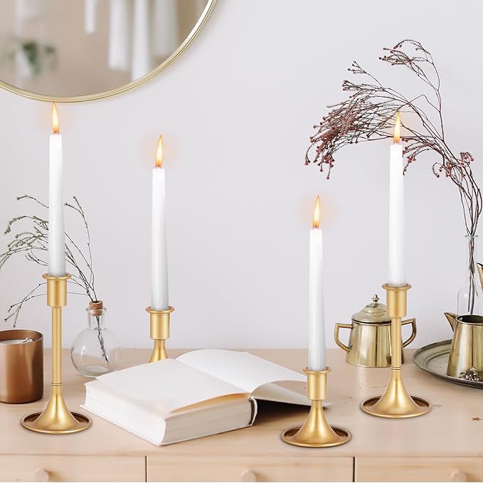 Vintage Gold Taper Candle Holders Set of 6 with Anti-Slip Pad Small Low Metal Candles Brass Gold Candlestick Holder for Table Centerpiece,Weddings, Christmas,Dinners Parties 3 Sizes Candle Holder