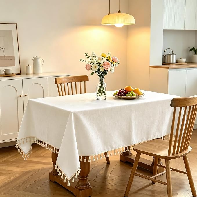Alsoo Table Cloth Rectangle Table 55" x 106" Linen Look Texture Cotton Tablecloth Waterproof Wrinkle Free Heavy Duty Tables Cover with Tassel for Kitchen Dining Holiday Party, Ivory