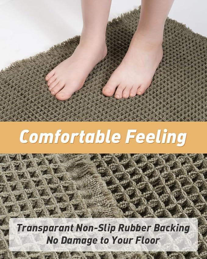 AMOAMI Upgraded Waffle Runner Rug Super Absorbent Non Slip Bath Mats for Bathroom Floor Washable Bathroom Runner Rug with Tassels, Ideal for Hallway Bedroom Laundry Room, Green, 2' x 6'(24" x 72")