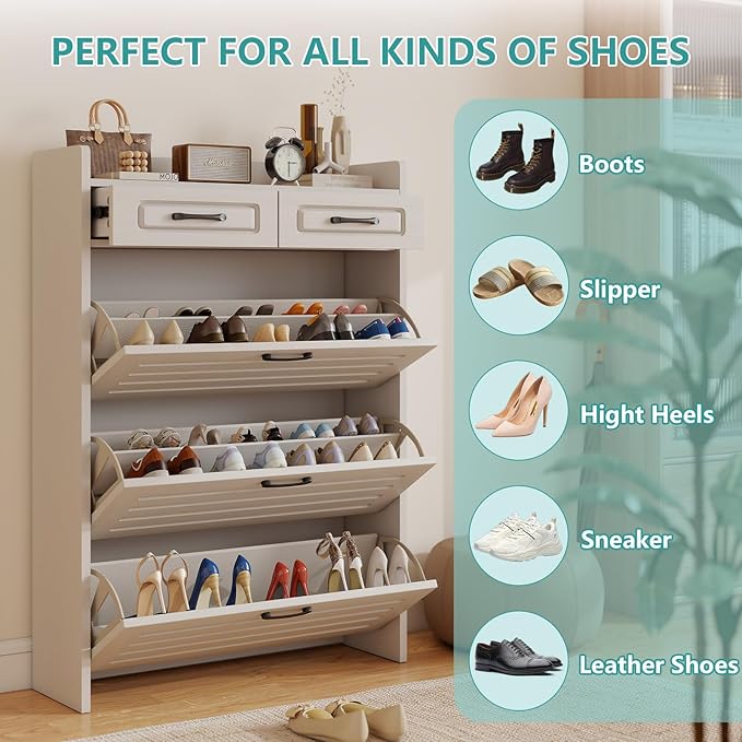 Shoe Cabinet with 3 Large Flip Drawers and 2 Storage Drawers, Narrow Shoe Organizer Cabinet Fits for Kinds of Shoes, Slim Shoe Storage Cabinet for Entryway, Hallway, White