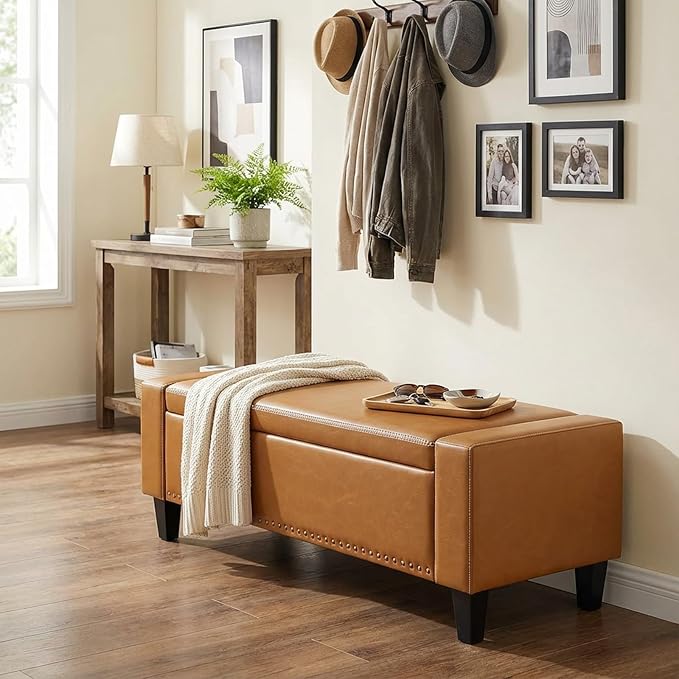 AKMAKM 49''W Storage Ottoman Bench, 30 Gallons End of Bed Bench, Faux Leather, Mid Century Modern, Upholstered Bench with Storage and Seat for Entryway, Living Room, Holds up to 350 lb, Brown