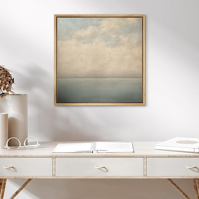 SIGNWIN Framed Canvas Print Wall Art Serene Ocean Horizon Soft Blue and Beige Coastal Landscape with Clouds Illustrations Decorative Boho Relax/Zen for Living Room, Bedroom, Office - 24"x24" Natural