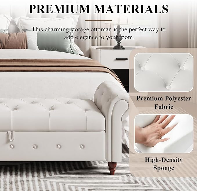 Modern 63'' Storage Ottoman Bench, Upholstered End Bed Bench with Curved Armrest, Button Tufted Entryway Bench with Wood Legs, Bed Bench for Bedroom, Living Room, Hallway (Beige)