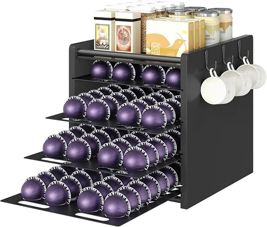 YATINEY Coffee Pod Drawer Holder, 4 Tier Holder for Vertuo, Coffee Pod Organizer for Countertop, 144 Pods Large Capacity, for Home Kitchen, Cafe, Space Saving, Black KH16BB