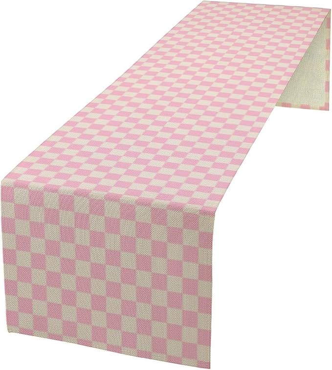 70s Hippie Table Runner Groovy Pink Grid Square Modern Geometric Boho Dinner Runner for Living Room Kitchen Party Holiday Dinner Home Decor Autumn and Winter 13x120in