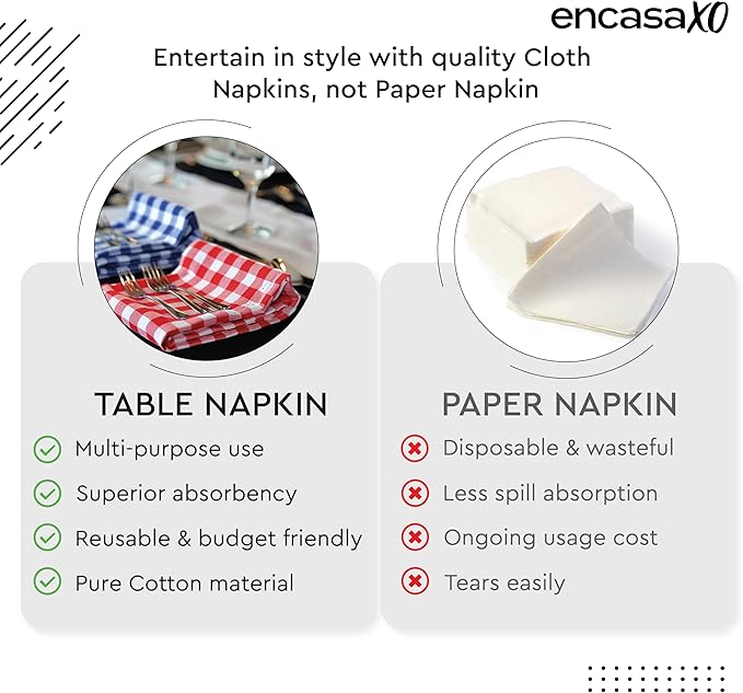 Encasa XO Cotton Cloth Napkins Set of 6, 17"x17" | Washable & Reusable Dinner Napkins Buffalo Black Checks Table Napkins for Farmhouse, Wedding, Holiday, Party & Everyday Dining