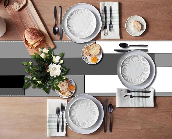 Emvency Black Grey Table Runner and Placemats Set of 6, Modern Geometric Abstract Painting Art Dining Decor for Daily Use(1 Table Runner 72 inches Long and 6 Placemats)