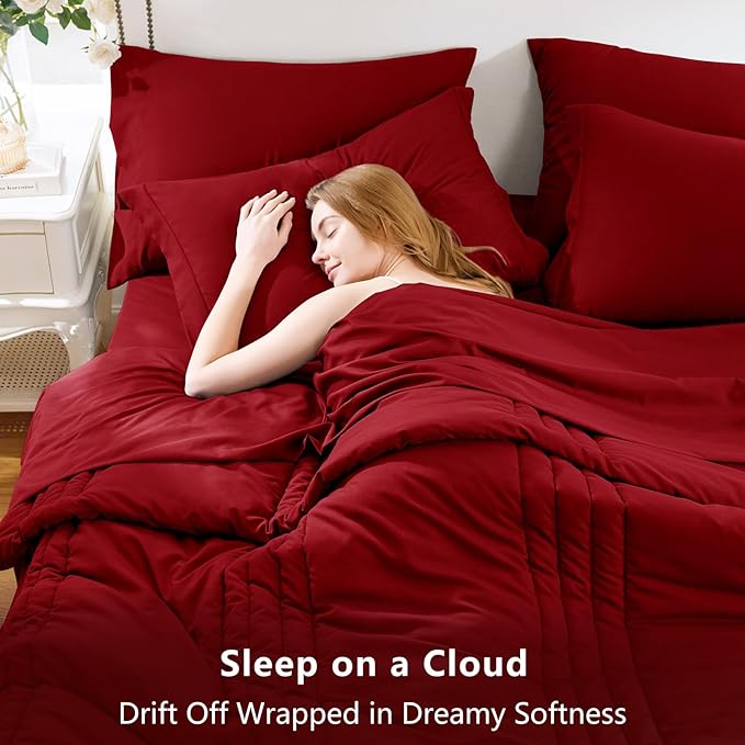 CozyLux Full Comforter Set - 7 Pieces Bed in a Bag Dark Red Comforter Set with Sheets Luxury Bed Set All Seasons, Soft Bedding Set with Down Alternative Comforter, Sheets, Pillowcases & Shams