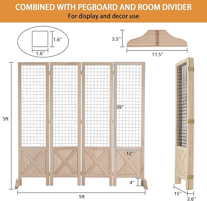 VINGLI Room Divider Freestanding Gridwall, 4 Panel Folding Display Board Organizer with Base Feet, Decorative Wooden Frame Wire Grid Screens for Craft Shows Events Retail (Natural, 5'×5')