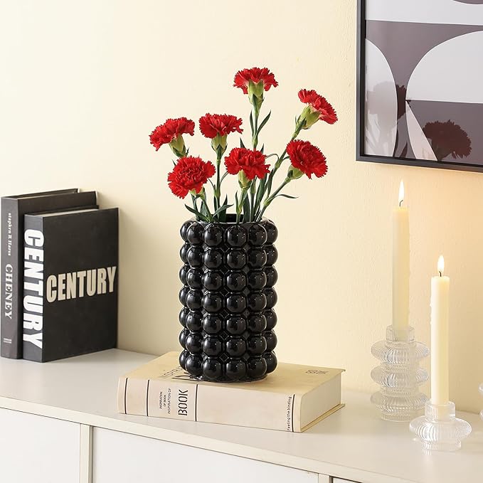 Black Bubble Vase, Black Ceramic Vase for Flowers, Tall Ceramic Vases for Boho Decor, Modern Vases for Living Room, Dinner Table, Bedroom, Wedding, Fireplace Mantel, 8.5 Inches