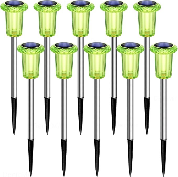 DenicMic Solar Lights Outdoor 10 Pack Waterproof Green LED Stainless Steel Stake Outside Lights for Yard Pathway Garden Driveway Walkway Landscape Path Lighting