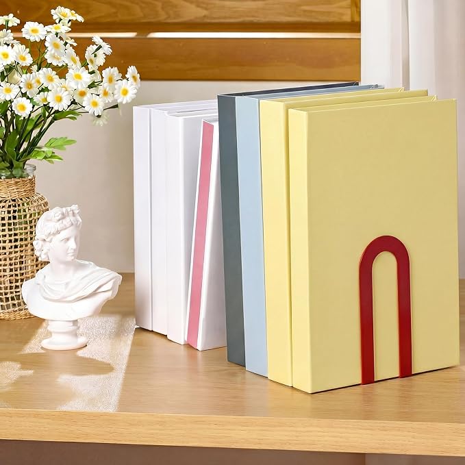 Chunful 6 Pcs Red Modern Metal Book Ends for Shelves Decorative Small Bookends Book Shelf Organizer Minimalist Design Stopper to Hold Books for Home Office (5.5 * 3.75 * 2.25inch)