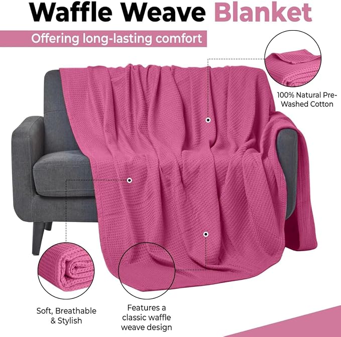 100% Cotton Blankets for Bed - Waffle Weave Blankets for Summer, Lightweight and Breathable Soft Woven Blanket for Spring (Pink, King (90" x 108"))