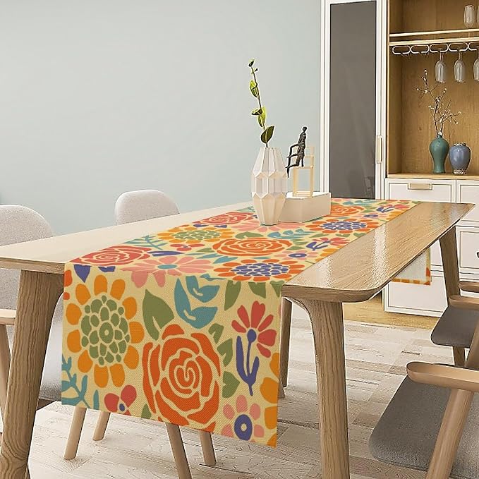 Vintage Groovy Floral Table Runner Boho Retro Hippie Seasonal Spring Summer Garden Flowers Dinner Runner for Home Kitchen Dining Table Party Holiday Decor 13"x60"