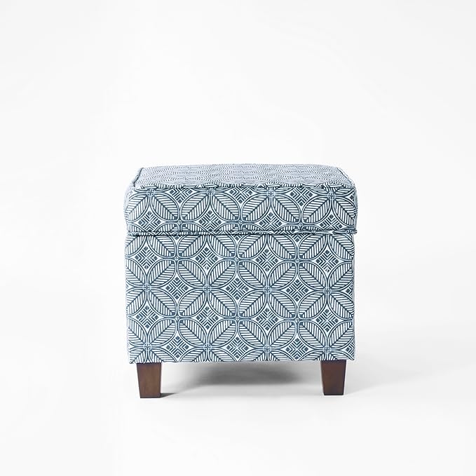Homepop Home Decor | K7342-A874 | Classic Square Storage Ottoman with Lift Off Lid | Ottoman with Storage for Living Room & Bedroom, Blue Indigo Print