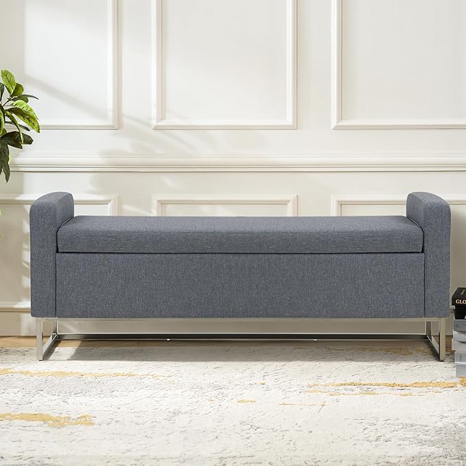 58.4" Ottoman with Storage,Upholstered Entryway Bench for Bedroom and Living Room,End of Bed Bench with Metal Base，Blue
