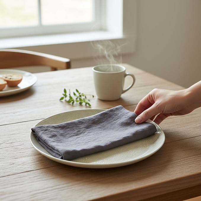 Linen Napkins –100% French Flax – Stonewashed Pure Linen Cloth Napkins - Size 18 Inch x 18 Inch – Set of 4 (Soft Rustic Blue)