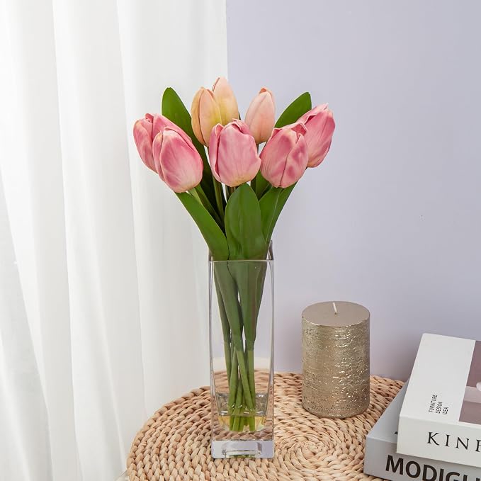 Briful Fake Flowers Artificial Tulip Flower in Clear Vase, Greenish Pink Real Touch EVA Tulip Arrangement Suitable for Home Office Autumn Decoration, Dining Table Centerpiece