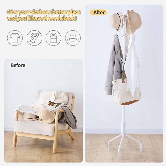 Coat Rack Freestanding for entryway,Living Room,Bedroom,Metal coat tree with12 Hooks and 3 Legs,hat stand (White)