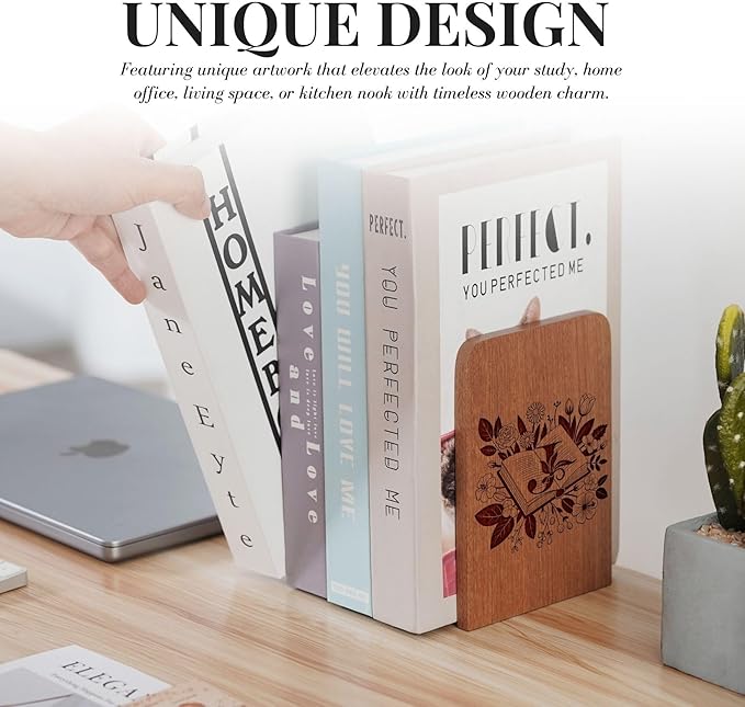 Wood Bookends, Book Ends for Shelves with Decorative Alphabet A and Z Design - Heavy Duty Iron & Ebony Wood Book Ends for Shelves Bookcase Desk - 1 Pair - J