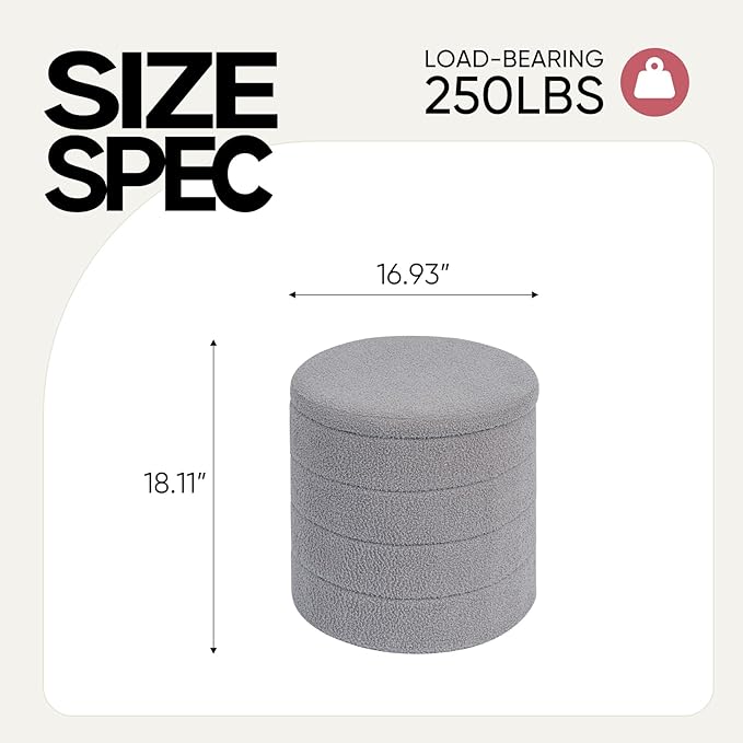 17" Round Storage Ottoman,Boucle Sherpa Ottoman with Tray, Faux Teddy Foot Rest Coffee Table for Bedroom Dorm Living Room,Grey