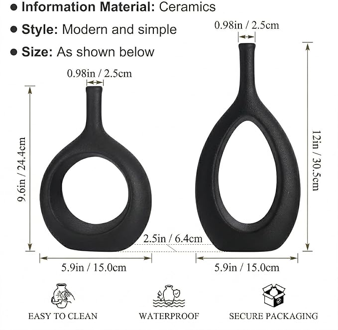 Black Ceramic Hollow Elliptical Vase Set of 2 - Boho Circle Vase with Hole, for Modern Black Table Decor, Living Room Decor Shelf mid Century Modern Home Entrance Decorative vase