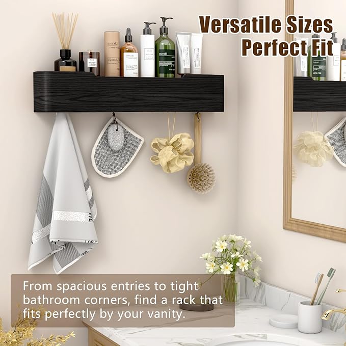 Coat Rack Wall Mount with Hidden Hooks, Wall Hooks with Shelf, Wall Key Holder Mount Wooden Shelf Entryway Hooks for Bedroom Bathroom for Hanging Coats Hats Bags Towels (Black, 4 Hooks)