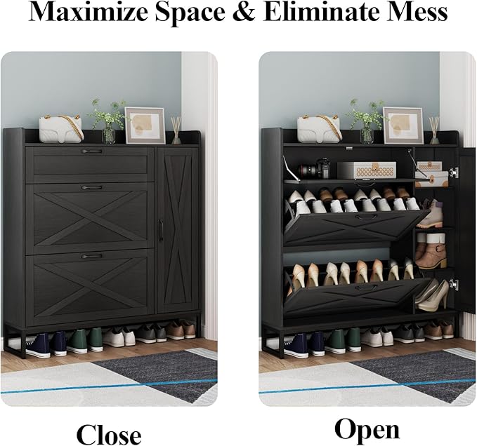 Auromie Free Standing Shoe Organizer with 2 Flip Drawers and Side Cabinet, Entryway Narrow Shoe Storage with Door for Hallway and Living Room (Black Plus)