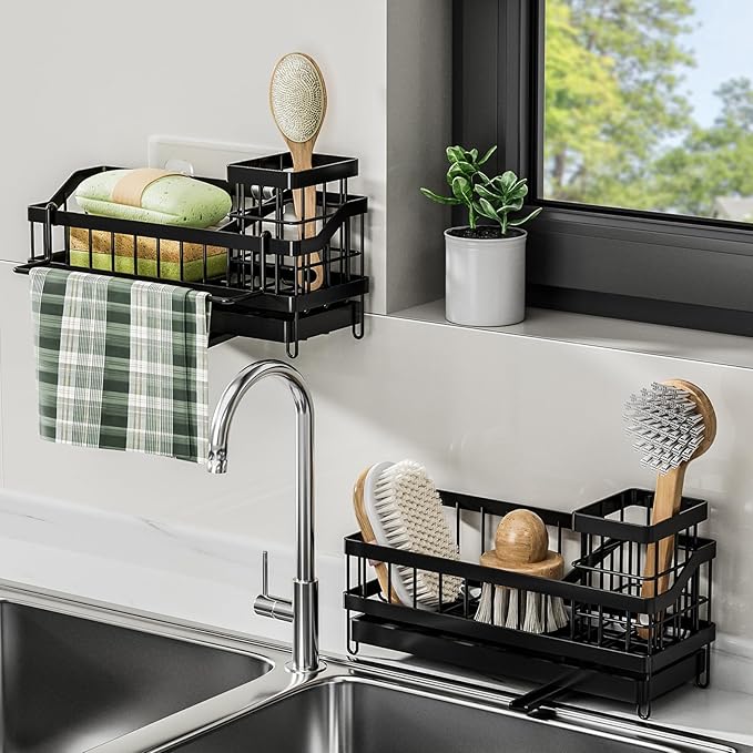 Sponge Holder,Kitchen Sink Caddy Organizer with High Brush Holder, Stainless Steel Kitchen Countertop Organizers and Storage Accessories,Soap Dispenser Organize (Black, 9.65"*3.94"*3.94")