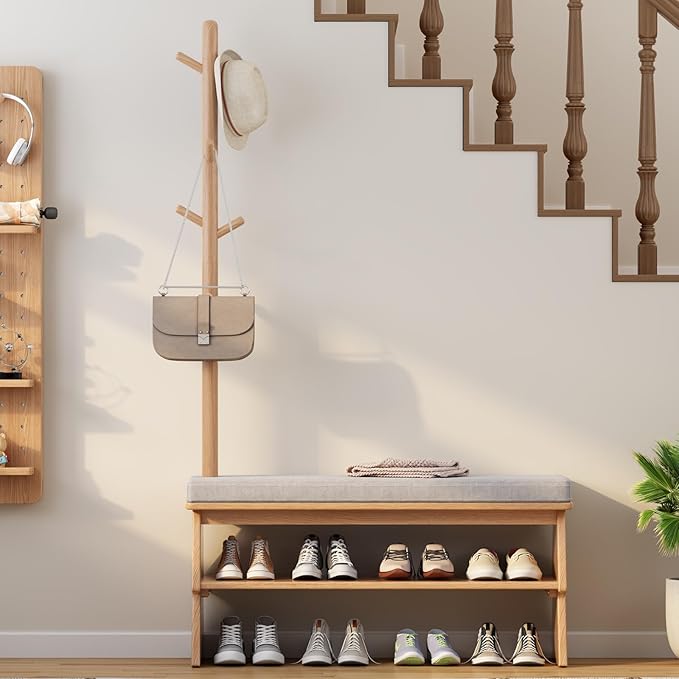Coat Rack with Shoe Storage,Shoe Rack whit 8 Hook for Offices、Bedroom、Living Room,Small Shoe Bench,Natural