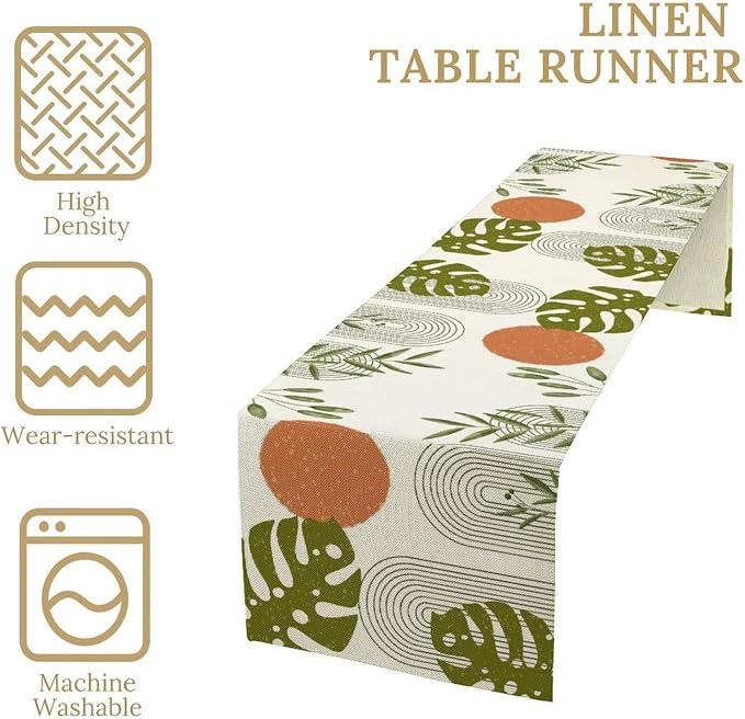 YCness Mid Century Green Boho Table Runner Summer Abstract Modern Palm Tree Table Runner for Party Kitchen Living Room Bedroom Plant Botanical Minimalist Leaf, 13x90 Inch